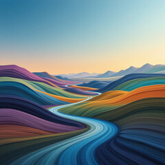 Colorful landscape with winding river and rolling hills under clear sky