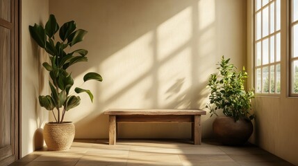 Sunlight streams into a tranquil room with wooden bench and plants