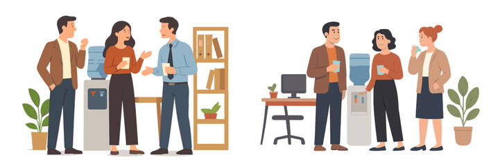Group of colleagues engaging in casual conversations by the water cooler in a modern office environment during a workday