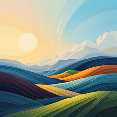 Colorful abstract landscape with rolling hills and sun