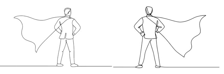Fototapeta premium Man stands confidently as a superhero with a cape flowing in the wind at sunset