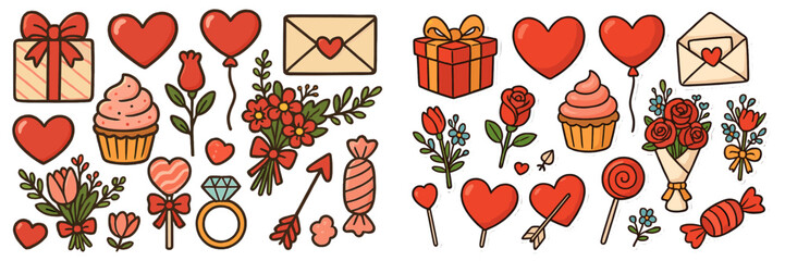 Colorful collection of heart-themed illustrations featuring gifts, flowers, and treats suitable for Valentine&#39;s Day celebrations