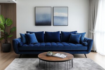 Modern navy blue velvet sofa with metal legs and square armrests in minimalist living room with industrial wood coffee table, grey rug, and soft window light