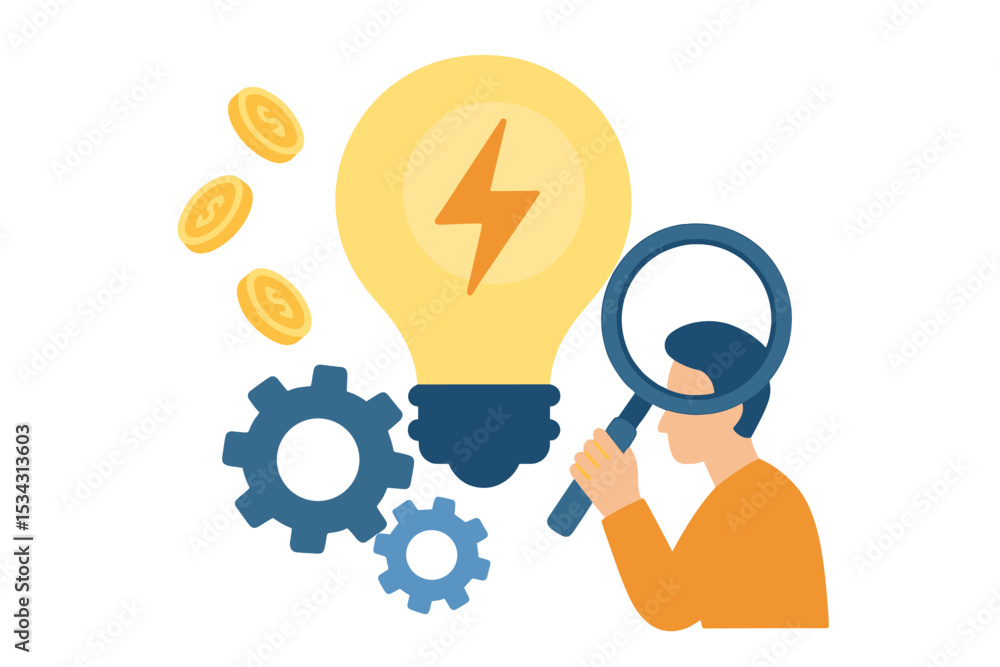 Poster creative brainstorming with magnifying glass for innovative solutions and financial growth in a mode
