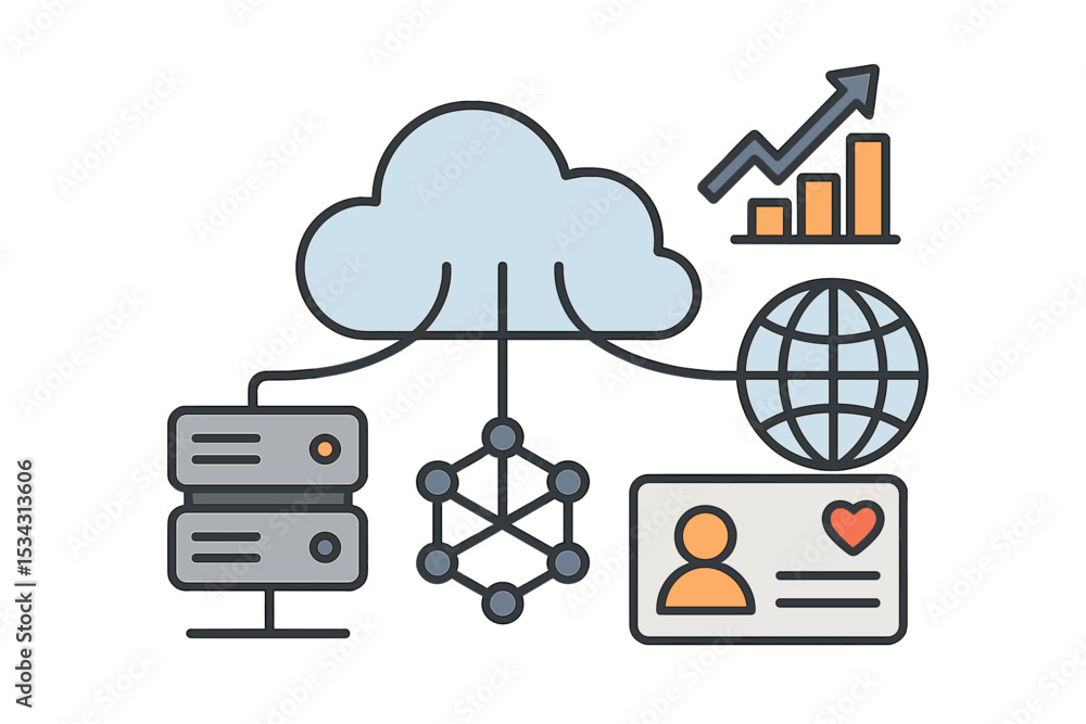 Aufkleber Vector illustration of cloud computing, data visualization, and user profiles showcasing technology integration and analysis