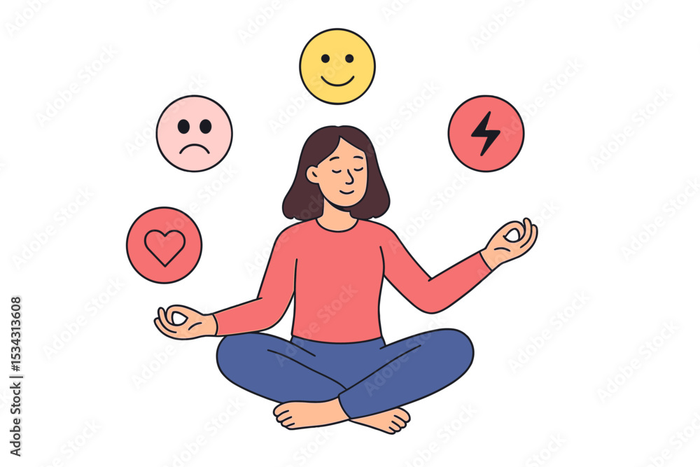 Poster woman practicing mindfulness meditation while balancing various emotions represented by icons in a v