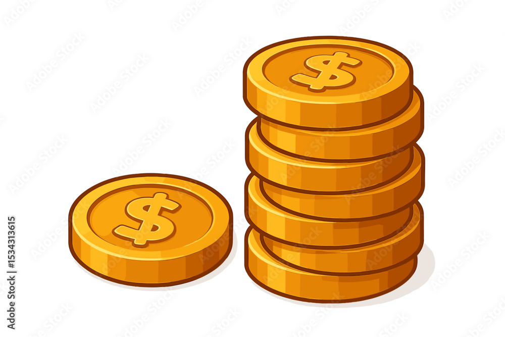 Poster Stack of golden coins with dollar signs on a clean background creating a sense of value and prosperity
