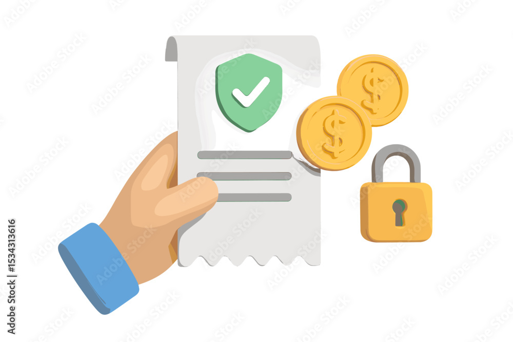 Poster hand holding a receipt with a checkmark, coins, and a padlock showcasing secure payment in a digital