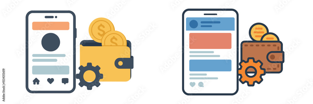 Poster Digital wallet concept showcasing mobile payment options with coins and settings for secure transactions using vector flat illustration style