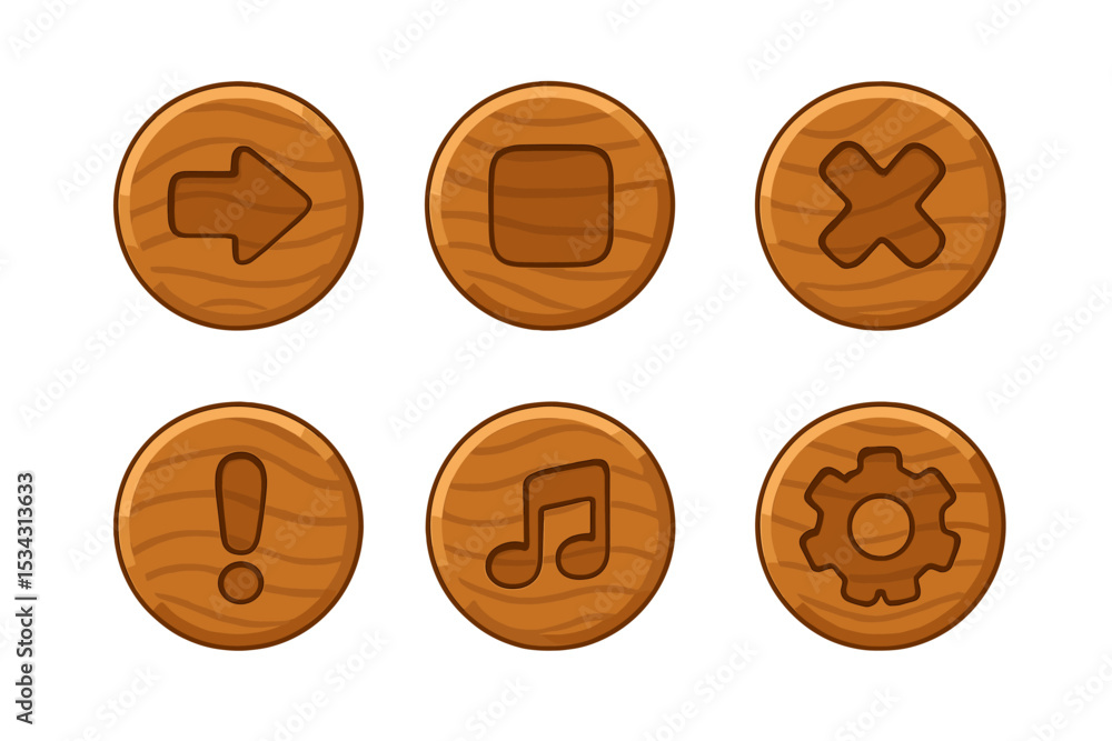 Poster Wooden buttons with various symbols designed for user interface applications in a flat vector illustration style