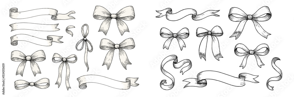 Poster collection of hand-drawn ribbons and bows in various styles for crafts and design projects