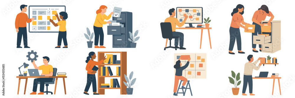 Poster team collaboration in a modern office environment with diverse individuals engaging in various organ