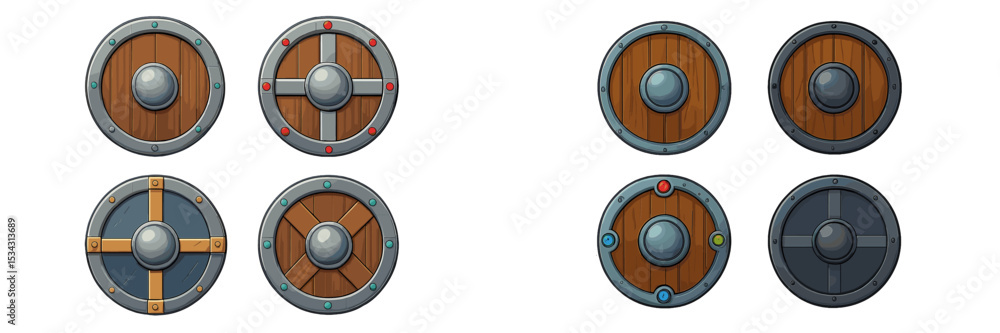 Poster various medieval shields in flat vector design showcasing different patterns and decorations