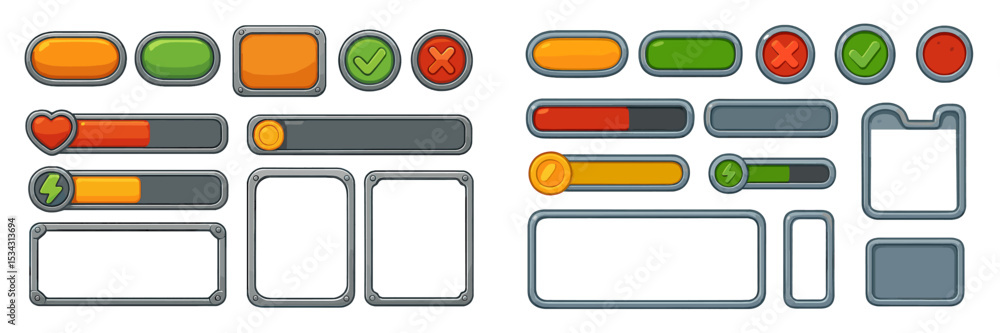 Poster Vector flat illustration of colorful UI elements featuring buttons, progress bars, and icons for web and app design