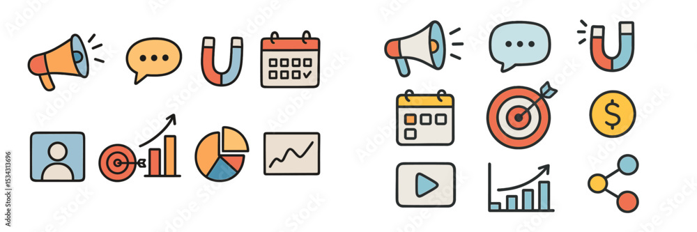 Poster vector flat illustration depicting communication, planning, and analysis with various icons in a bus