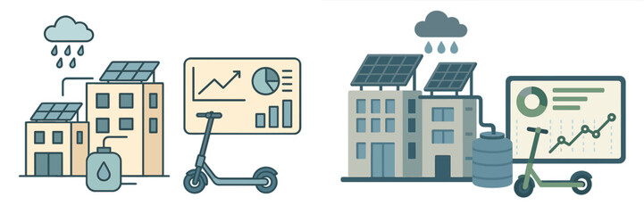 Obraz premium Eco-friendly city with solar panels, electric scooters, and water conservation in a modern urban setting