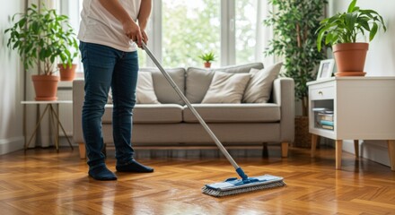 Person mopping hardwood floor in bright living room with plants