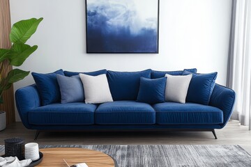 Modern navy blue velvet sofa with metal legs and square armrests in minimalist living room with industrial wood coffee table, grey rug, and soft window light