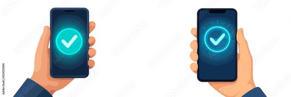 Poster Multiple smartphone devices showing a confirmation check mark indicating successful connection or validation in a modern tech environment