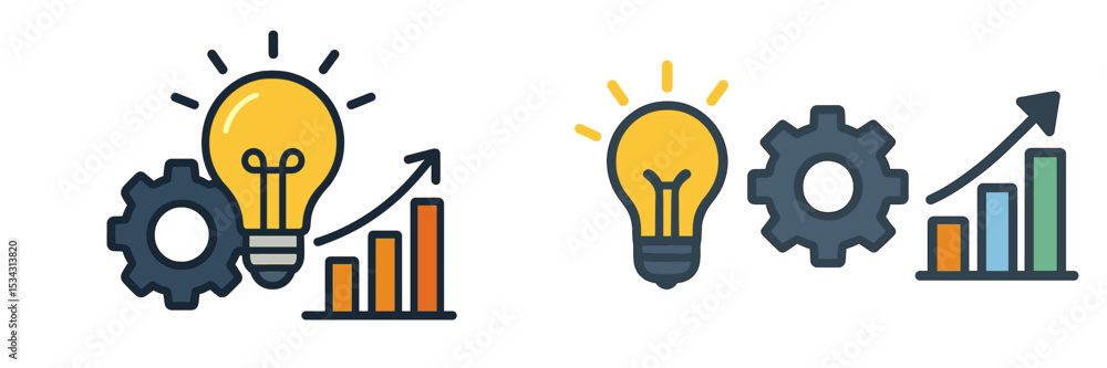 Poster light bulbs and gears represent innovation and growth in a flat vector illustration reflecting succe