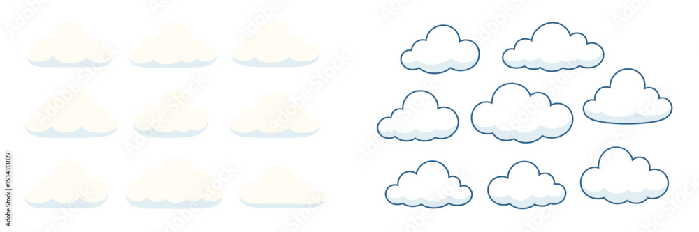 Poster Varied cloud shapes in flat vector illustration representing different weather conditions and artistic styles
