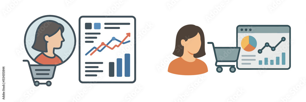 Aufkleber Understanding online shopping trends with user profiles and data analytics in a vector flat illustration