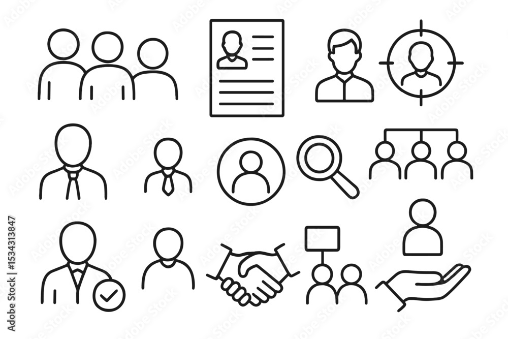 Poster Flat vector illustration depicting various aspects of recruitment and job searching in a professional setting