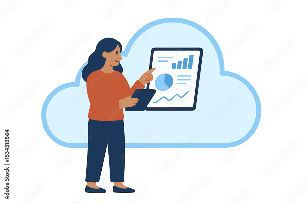 Poster Woman analyzing data on a tablet with cloud storage and graphical reports during a modern work session