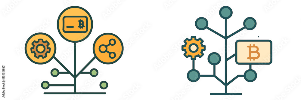 Aufkleber Vector flat illustration of cryptocurrency concepts with gears and a blockchain tree design showcasing financial connections
