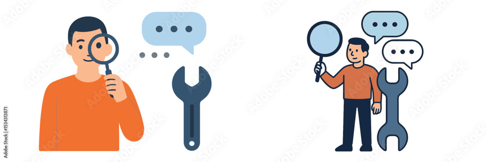 Poster Man holding a magnifying glass and a wrench in a flat vector illustration representing problem solving and analysis