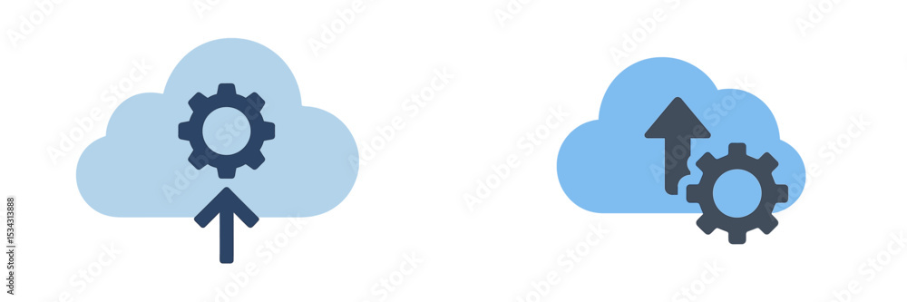 Poster Cloud technology vector illustration depicting data upload and processing with gears and arrows in soft blue tones