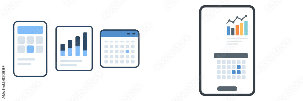 Poster Vector flat illustration showcasing mobile app user interface designs with charts and calendar functions for productivity
