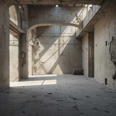 Abandoned industrial space with natural light and shadows
