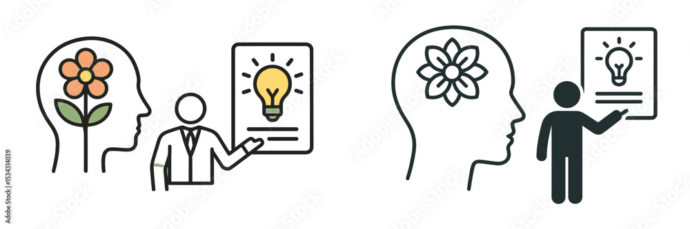 Poster exploring creativity and mental growth through visuals and illustrations of idea generation and insp