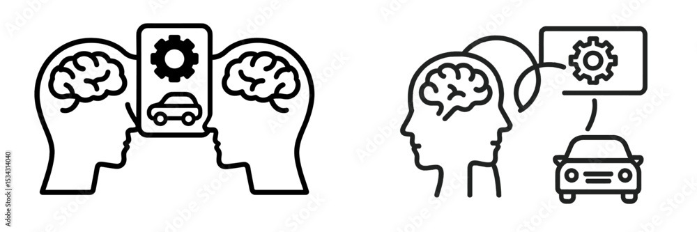 Aufkleber Collaboration and communication of ideas between two minds represented through a vector flat illustration of gears and icons