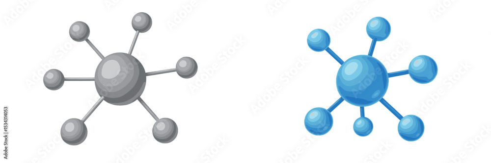 Poster Vector flat illustration of two abstract molecular structures in blue and gray colors representing science and research concepts