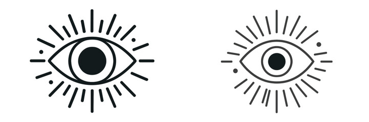 Obraz premium Eye illustrations with sunburst effects showcasing creativity and design elements in a vector flat style