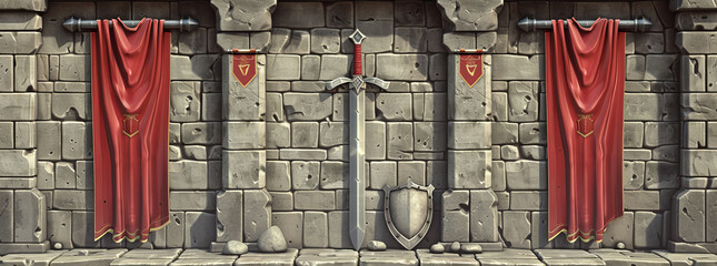 3D cartoon fantasy wall, gray stone blocks, red curtains on pillars, sword hilts in shields.