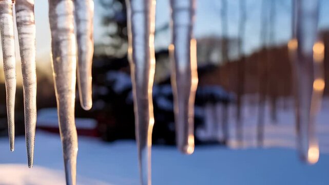 Row of sparkling icicles hang from wooden eaves on a snowy winter day as sunlight shines through creating prism effect.