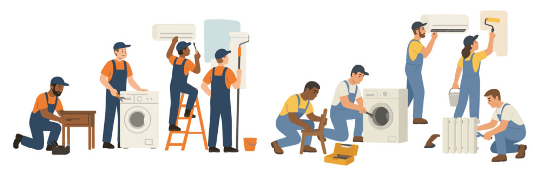 Team of workers performing various home improvement tasks in a home setting during daylight hours