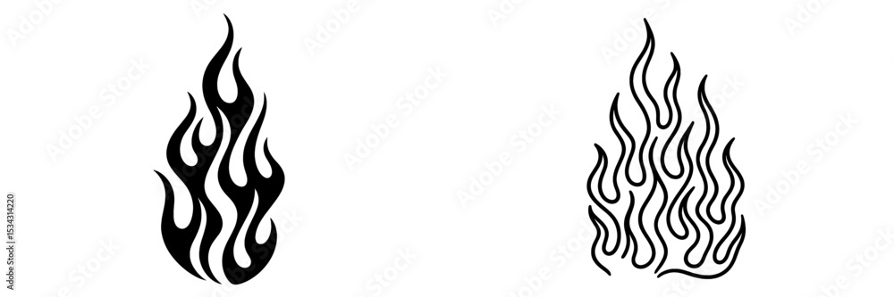 Poster vector flat illustration of flames in two styles representing fire and heat for creative art or desi