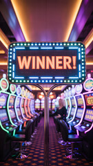 Bright casino slot machines with glowing "Winner!" text sign in neon frame

