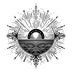 Stylized compass design featuring abstract waves and radiating sunbeams. Navigation and adventure concept