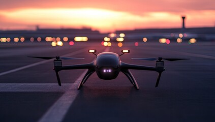 Drone on airport runway at sunset