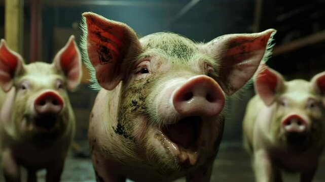 Three Playful Pigs in Barn