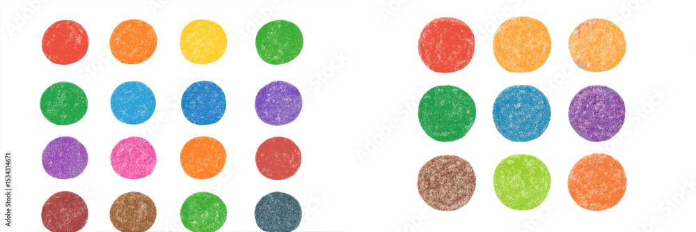 Poster Colorful flat vector illustration of round shapes arranged in a grid pattern with various colors and textures