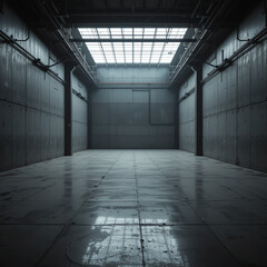 Empty industrial warehouse interior with natural light from skylights