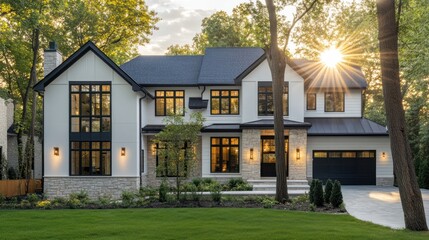Modern home with a sunburst in the morning