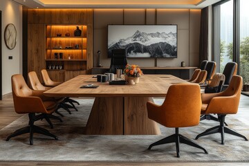 Modern solid wood rectangular conference table with light oak surface and long legs in office setting with chairs, carpet floor, flowers, and coffee mugs