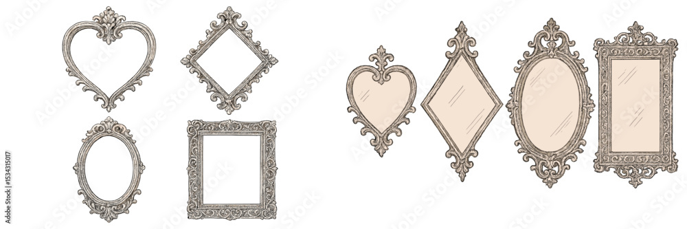 Poster decorative vintage frames collection featuring various shapes and intricate designs suitable for art